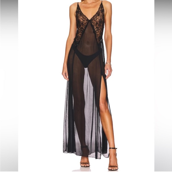 Free People Ivory Sheer Current Obsession Lace Maxi Slit Cut Slip Dress Small - Picture 6 of 14